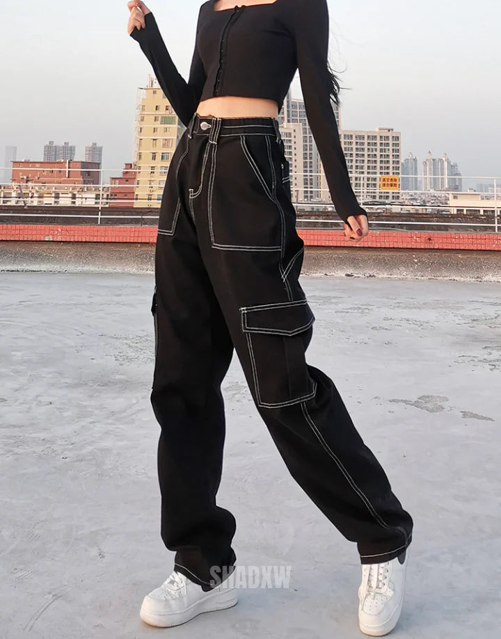 Black Cargo Pants with White Stitching